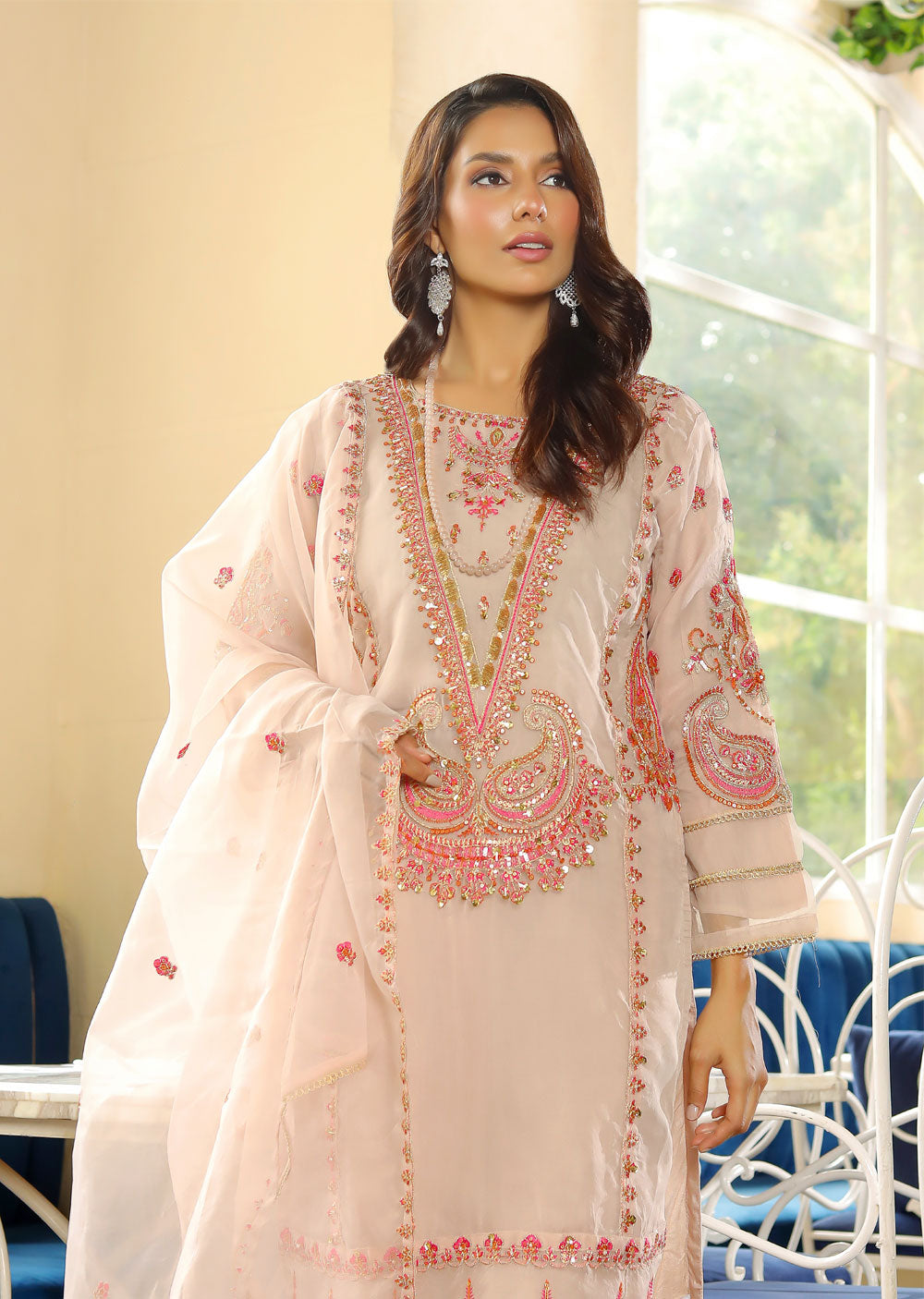 KLD320 Kaif - Nude Readymade Organza Suit - Memsaab Online