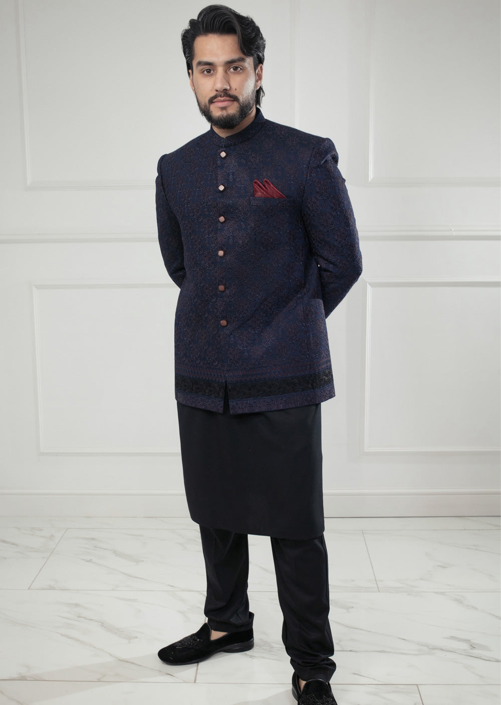 PC-707 - Navy Mens Embroidered Prince Coat - Memsaab Online