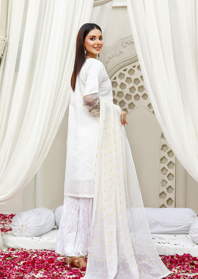 KLD1022 Fusion - White Readymade Khadi Net Suit - Memsaab Online