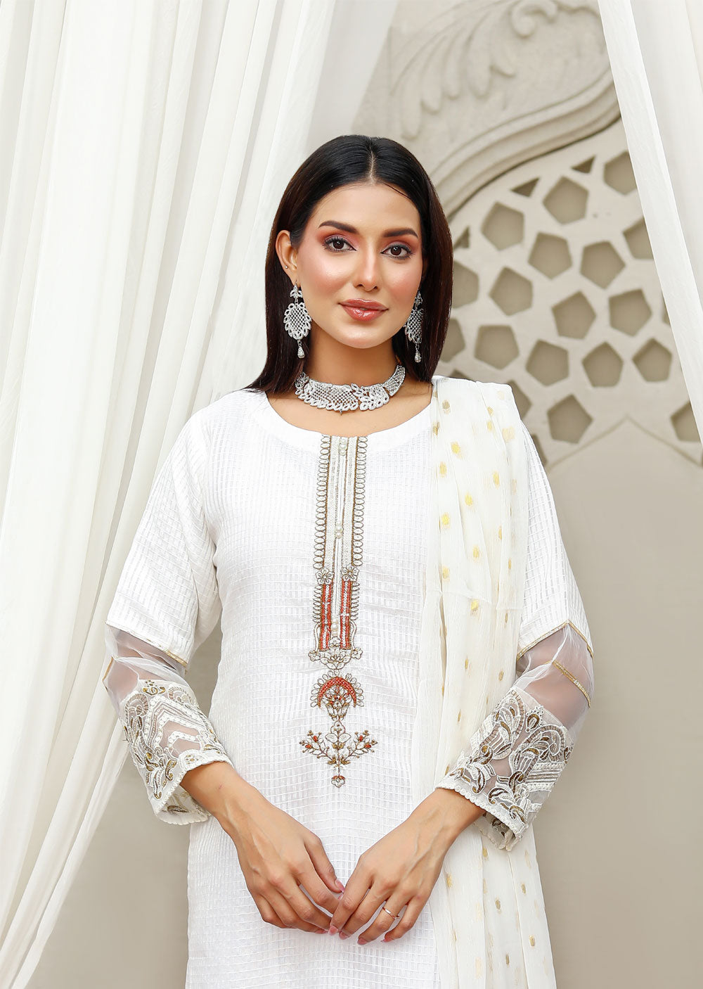 KLD1022 Fusion - White Readymade Khadi Net Suit - Memsaab Online