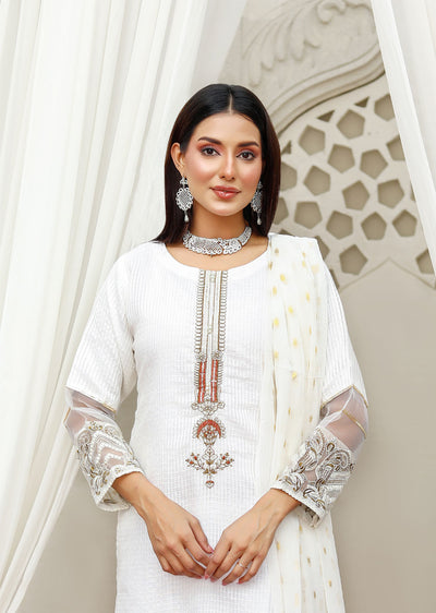 KLD1022 Fusion - White Readymade Khadi Net Suit - Memsaab Online