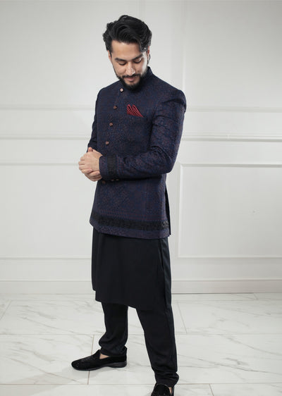 PC-707 - Navy Mens Embroidered Prince Coat - Memsaab Online