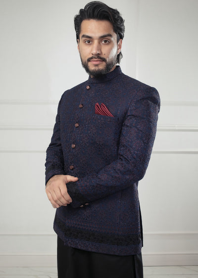 PC-707 - Navy Mens Embroidered Prince Coat - Memsaab Online