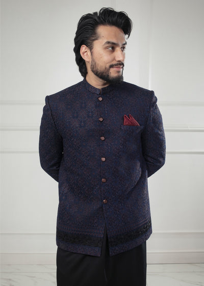 PC-707 - Navy Mens Embroidered Prince Coat - Memsaab Online