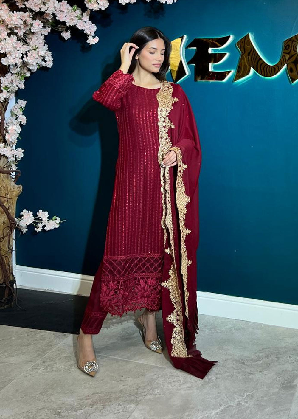 UMR901 Rixos - Maroon Memsaab Formal Chiffon Suit - Memsaab Online