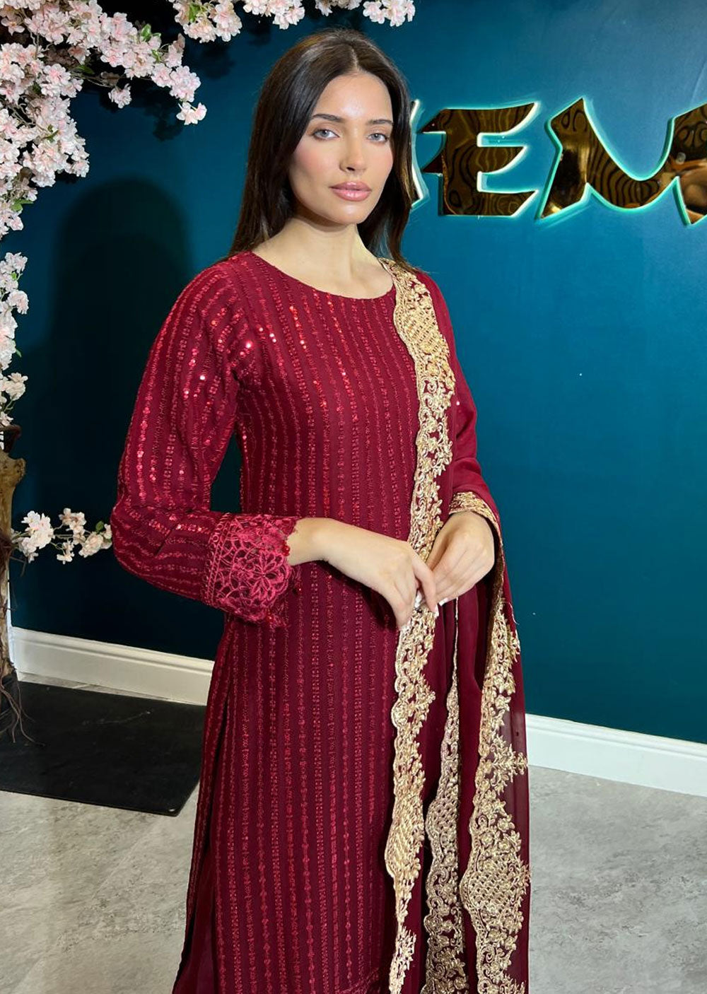 UMR901 Rixos - Maroon Memsaab Formal Chiffon Suit - Memsaab Online