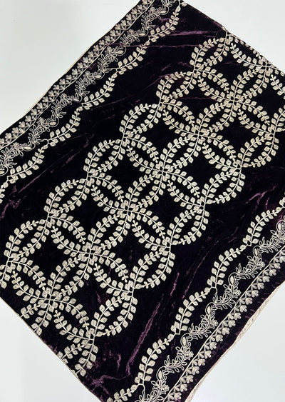 SMSH901 Plum Embroidered Velvet Shawl - Memsaab Online