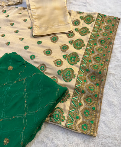 HSS-70 Gold/Green Readymade Cotton Suit - Memsaab Online