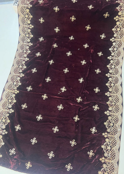 SMSH906 Maroon Embroidered Velvet Shawl - Memsaab Online