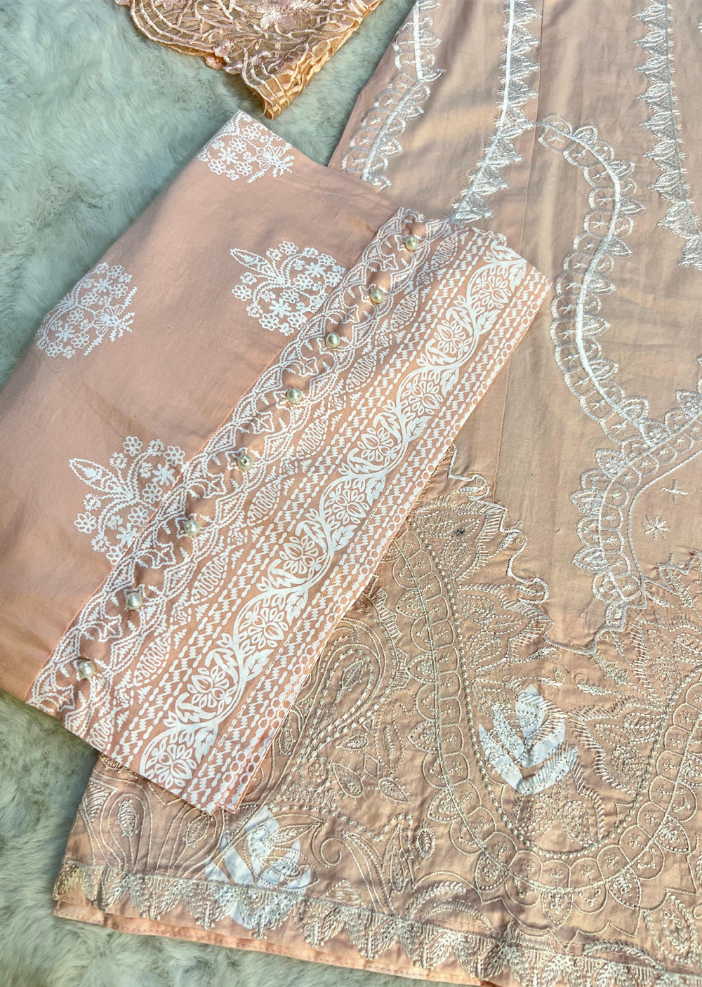 HSS-195 - Readymade Peach Cotton Suit - Memsaab Online