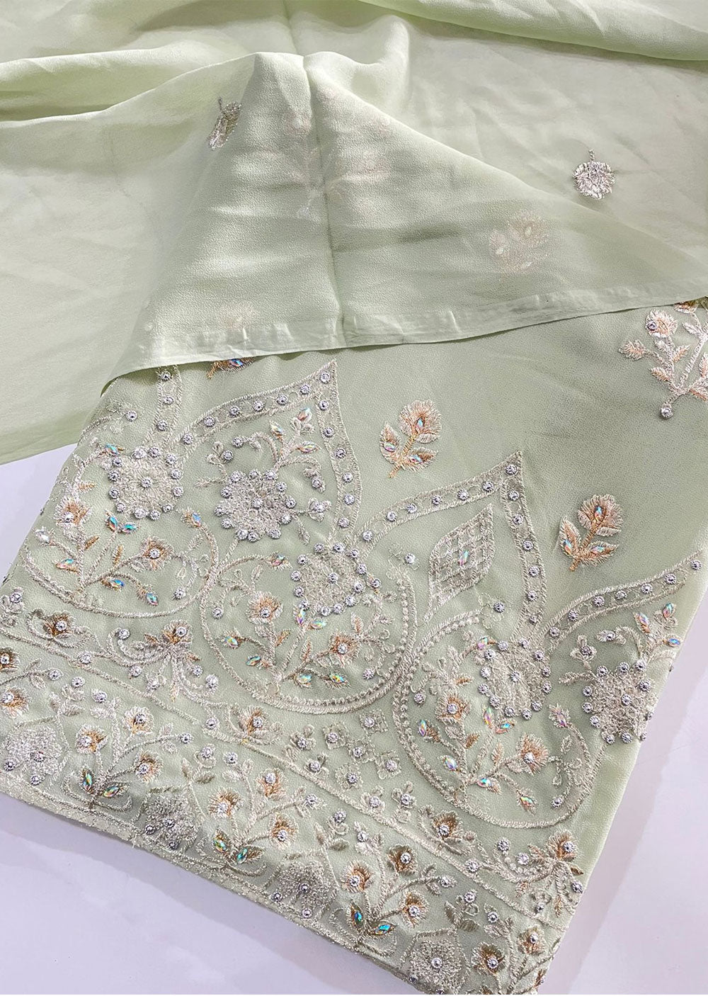 D9685 Mint Green Unstitched Georgette Suit - Memsaab Online