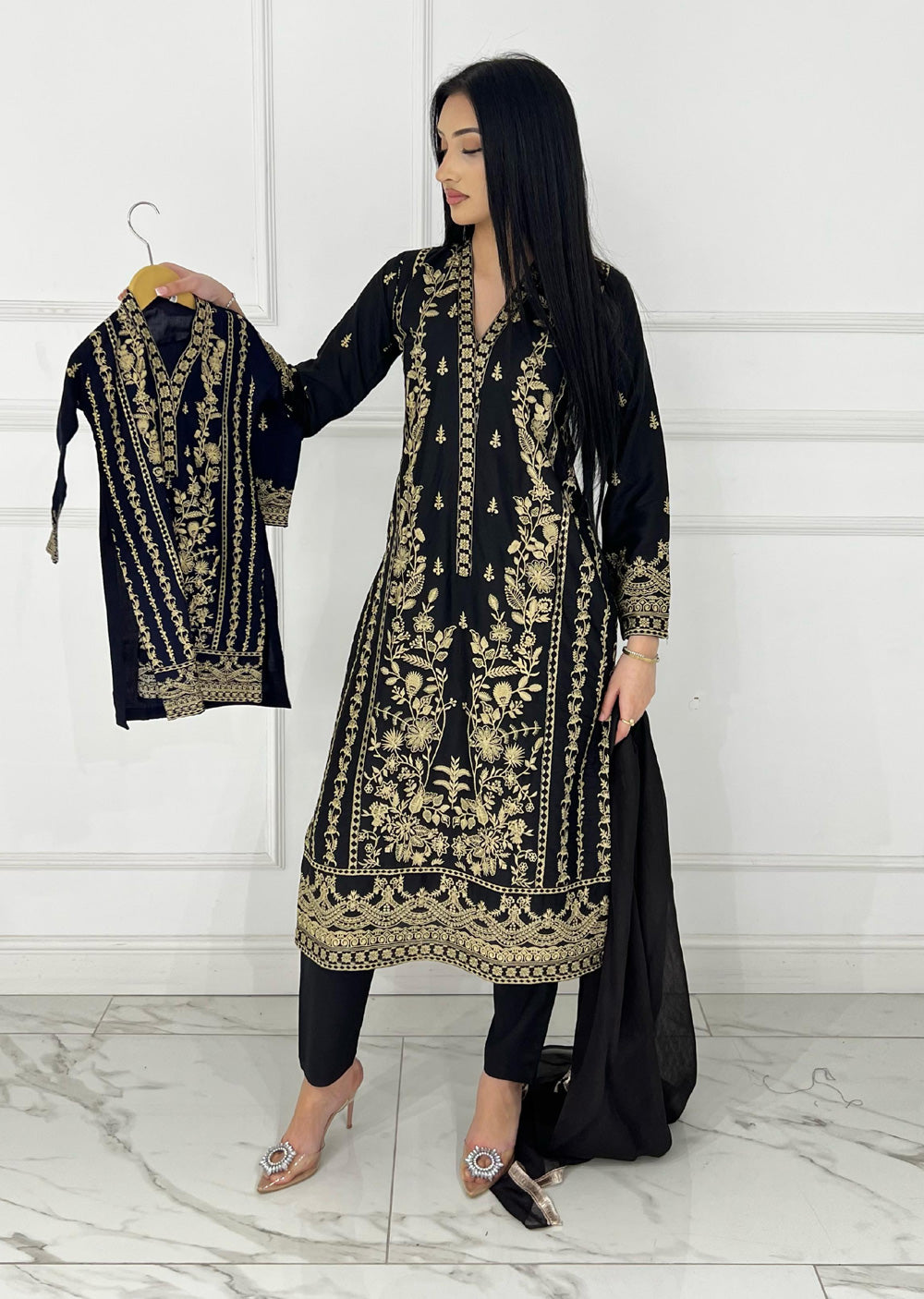 HK297 - Black - Readymade - Mother & Daughter Linen Outfit 2025 - Memsaab Online