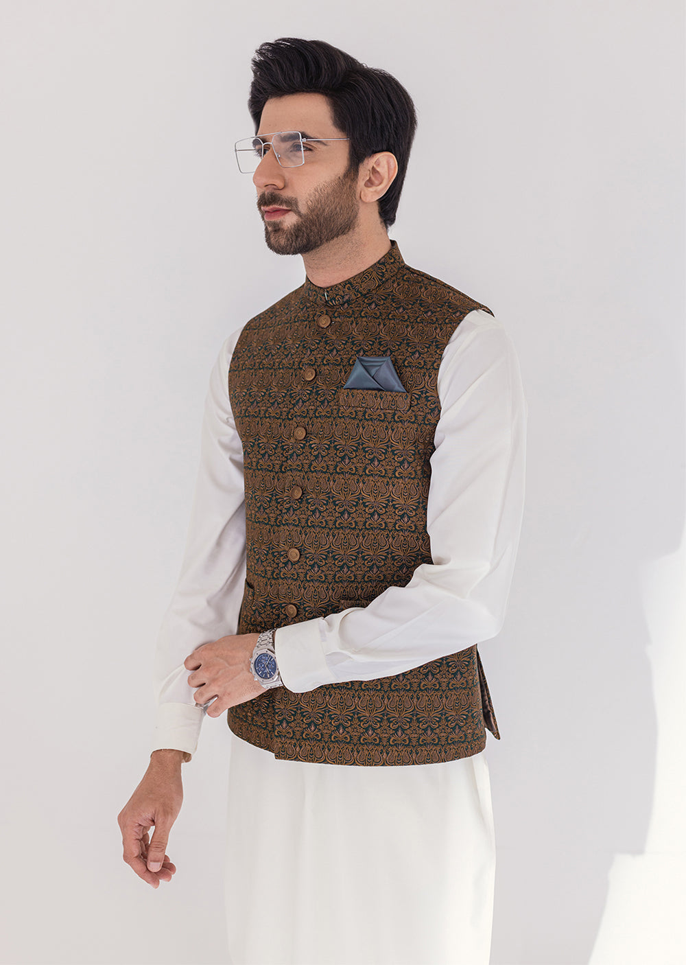 W-1998-A - Green Brown - Mens Maysori Waist Coat 2024 - Memsaab Online