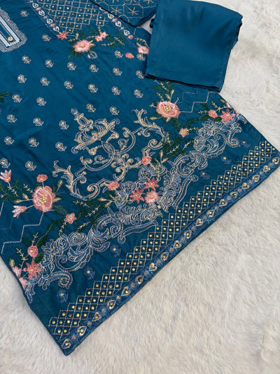 HK110 Safia - Teal Readymade Linen Suit - Memsaab Online