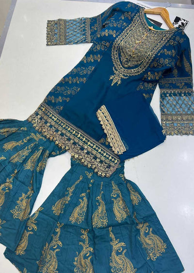 RGZ99925 Teal Chiffon Ghararah Suit - Memsaab Online