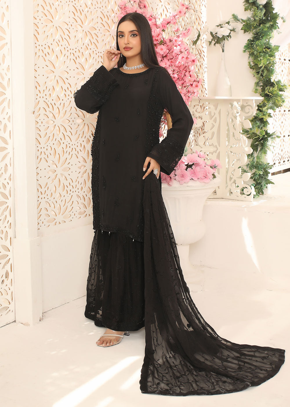 ZN1961 Black Readymade Chiffon Suit - Memsaab Online