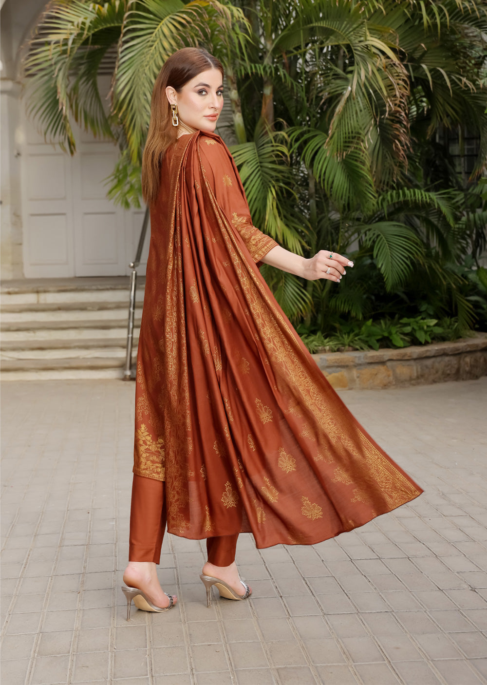 AMT5109 - Brown Readymade Linen Shawl Suit - Memsaab Online