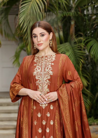 AMT5109 - Brown Readymade Linen Shawl Suit - Memsaab Online