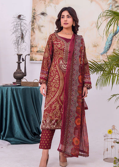 MDNA-09 - Maroon Embroidered Lawn Outfit - Memsaab Online
