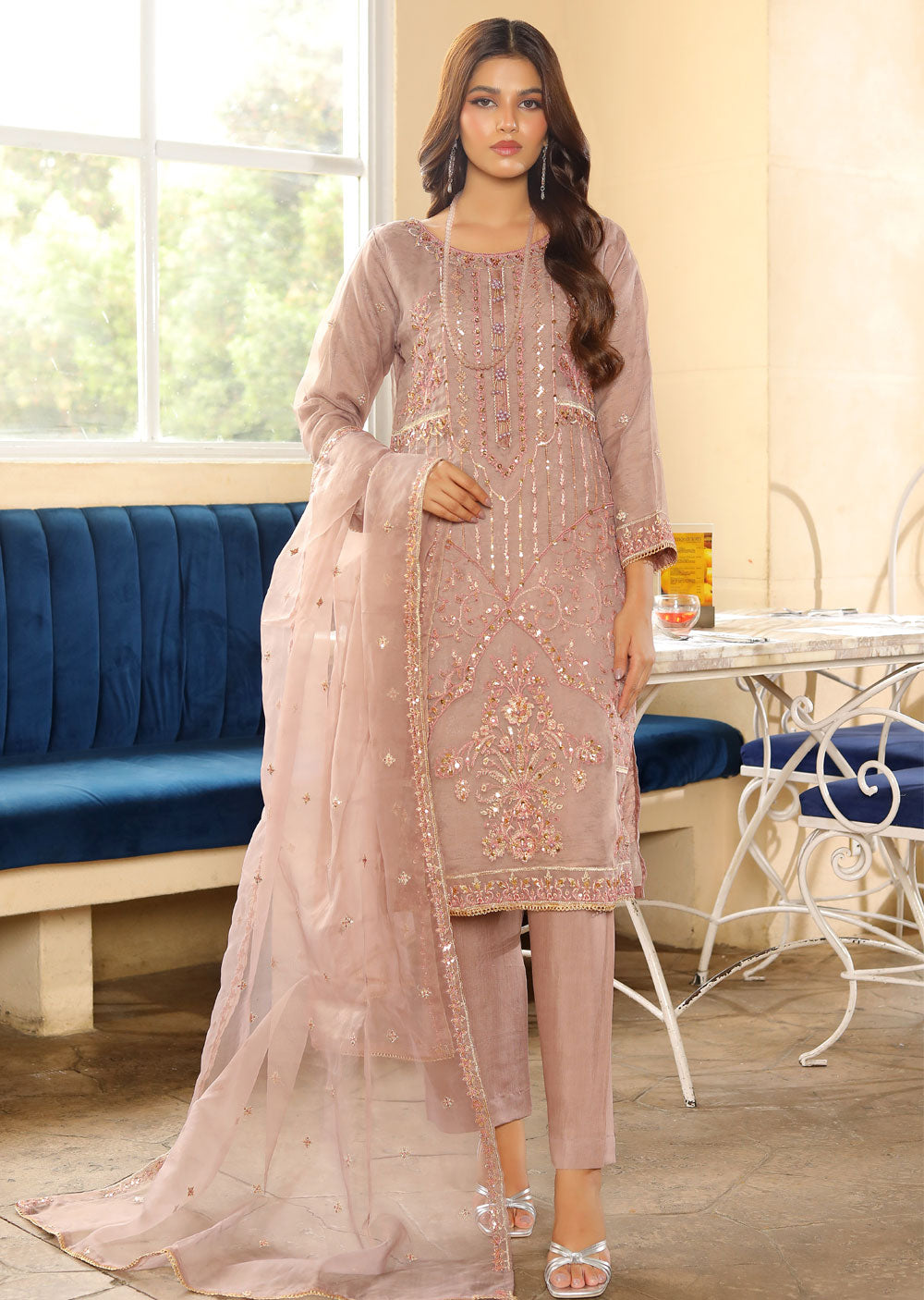 KLD319 JANA - Lilac Readymade Organza Suit - Memsaab Online