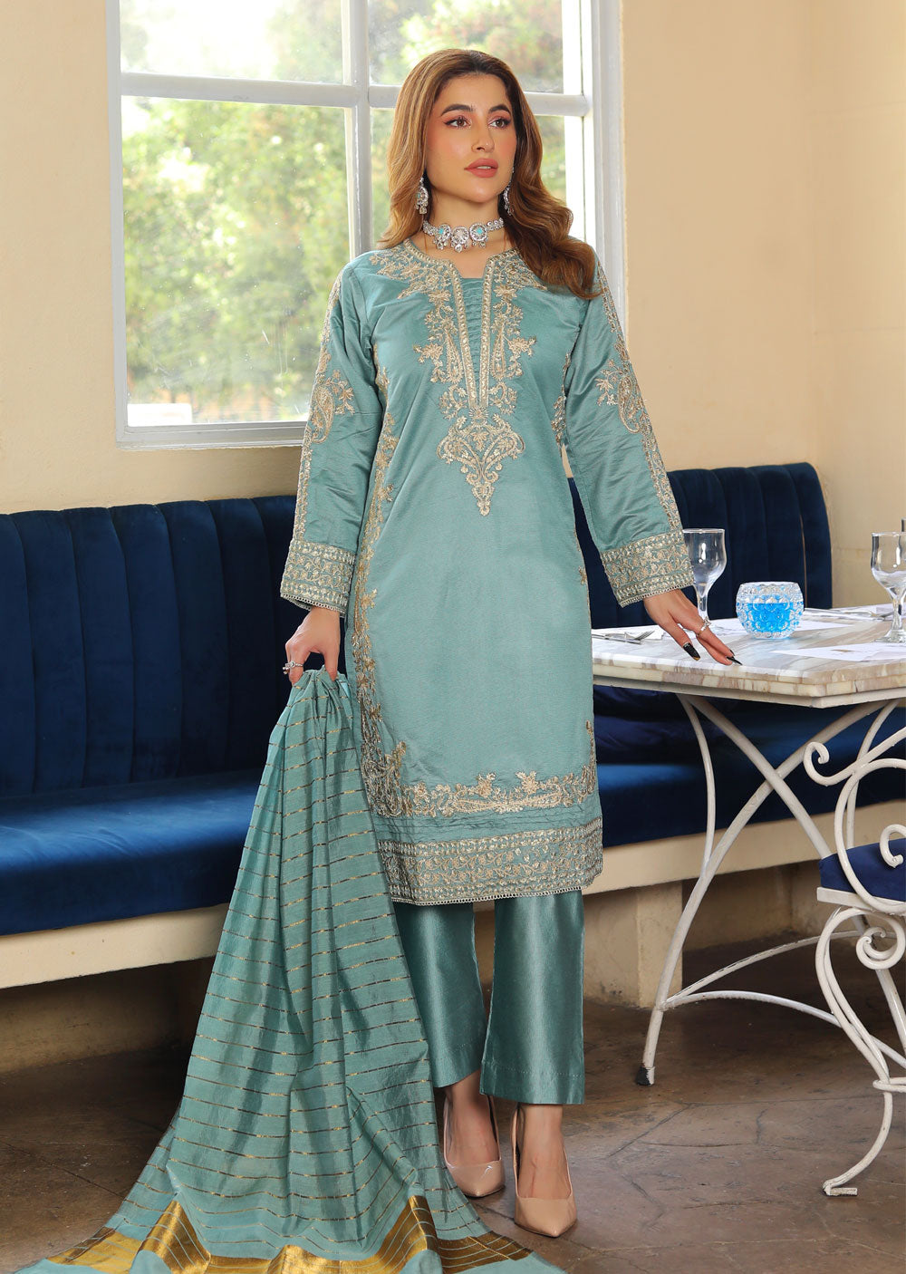 KLD305 Gulnar - Cyan Readymade Khadi Net Suit - Memsaab Online