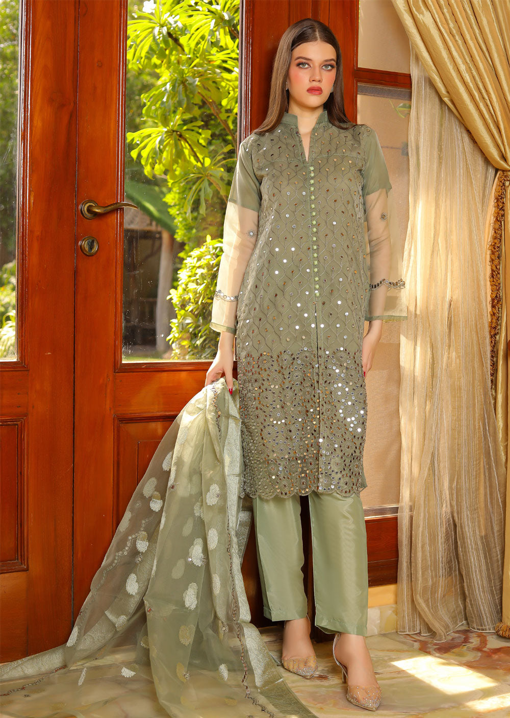 HK218 Rimi - Olive Readymade Organza Suit - Memsaab Online