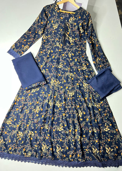 ASF9006 Sheen Navy Readymade Rayon Printed Gown - Memsaab Online