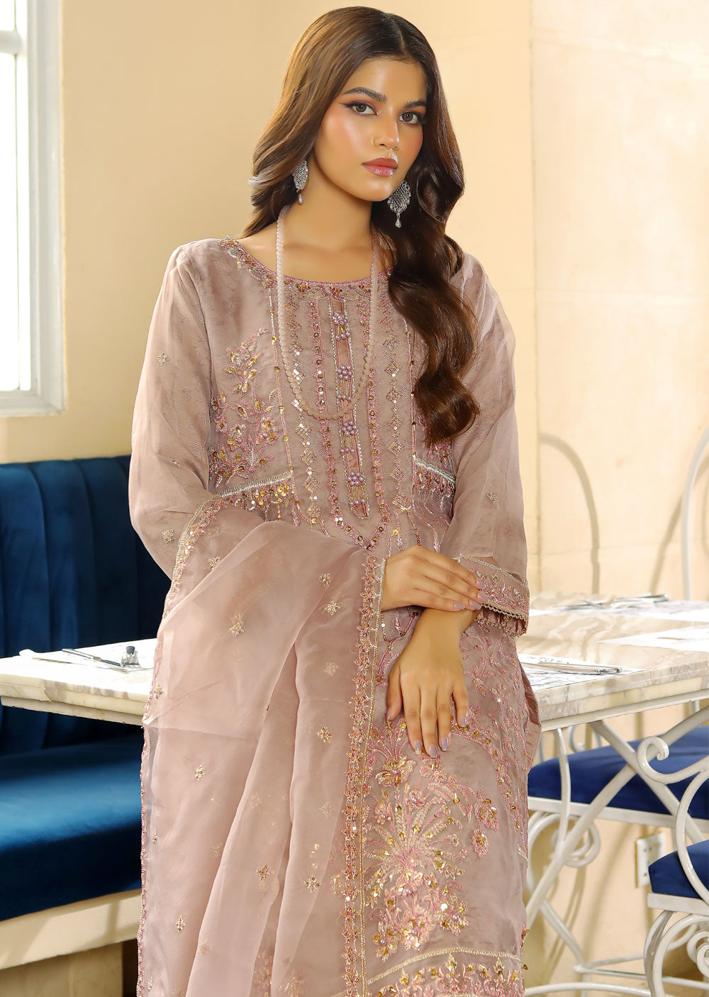 KLD319 JANA - Lilac Readymade Organza Suit - Memsaab Online