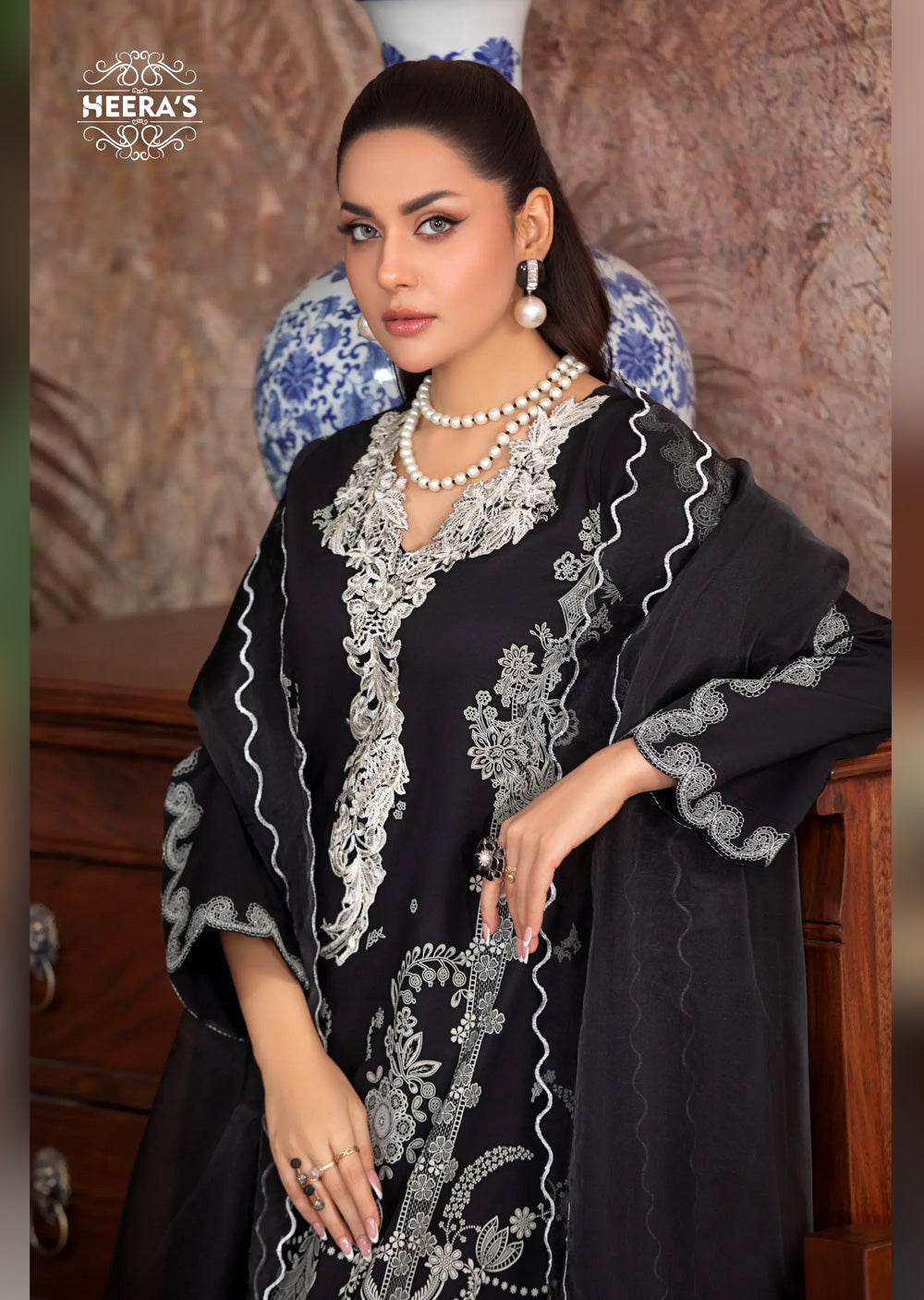 HSS-168 - Readymade - Viscose Black Pearl Embroidered suit by Heeras - Memsaab Online