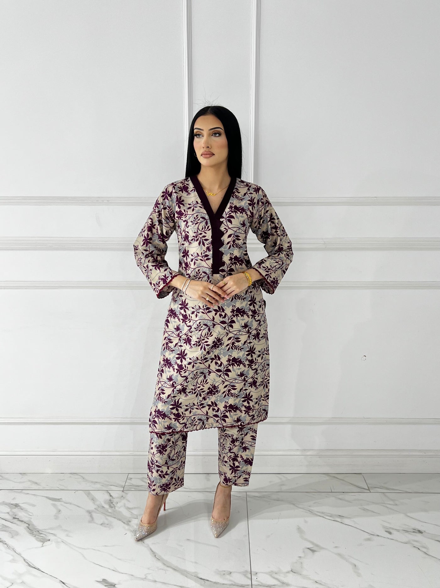 BUT-120- Nude Purple- S.Prints Printed Lawn Co-ords - Memsaab Online