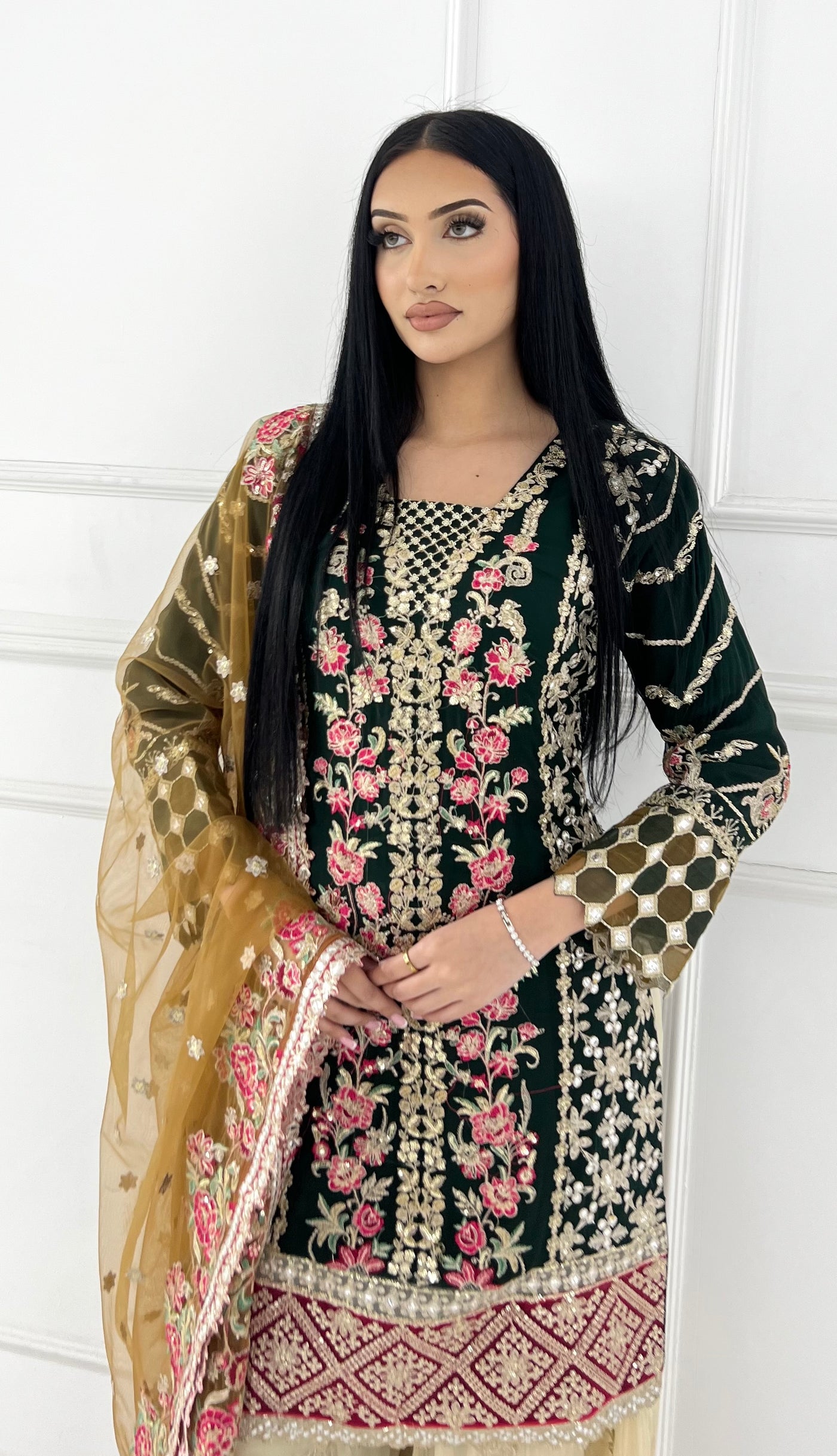 ZN1951 Dark Green Readymade Chiffon Suit - Memsaab Online