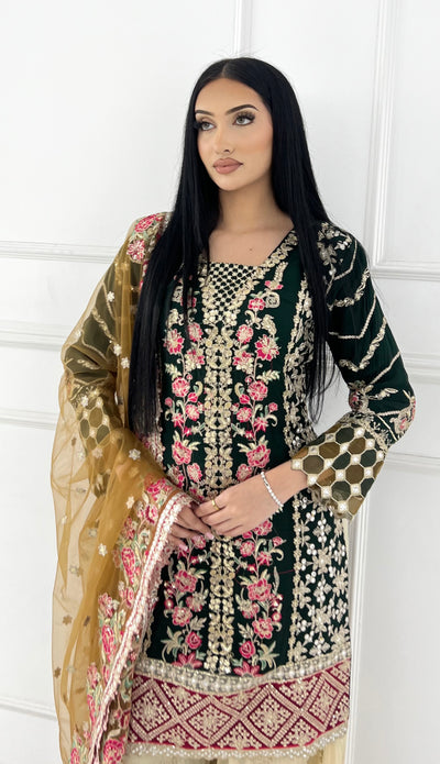ZN1951 Dark Green Readymade Chiffon Suit - Memsaab Online