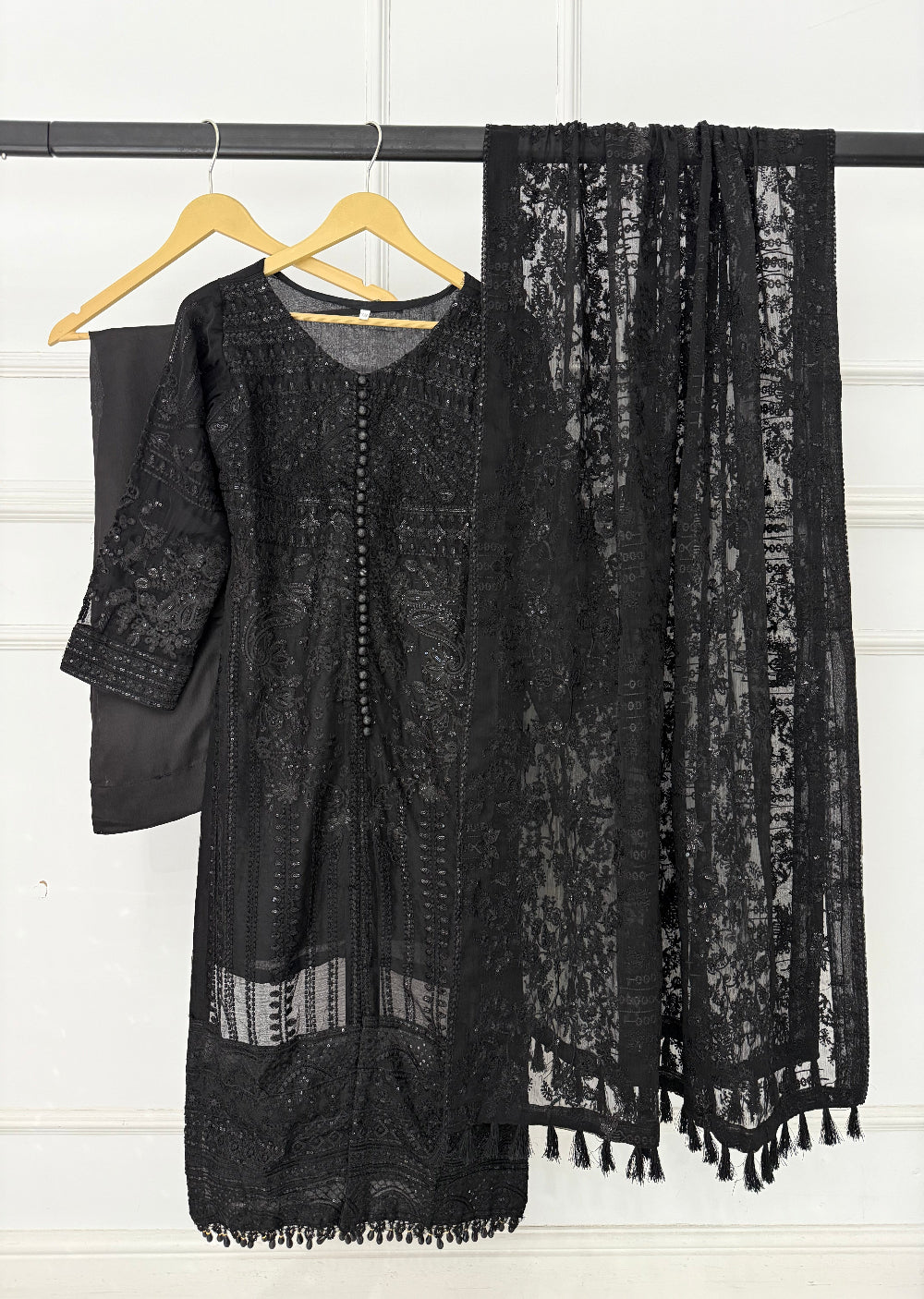 JV1664 Black Readymade Chiffon Suit - Memsaab Online