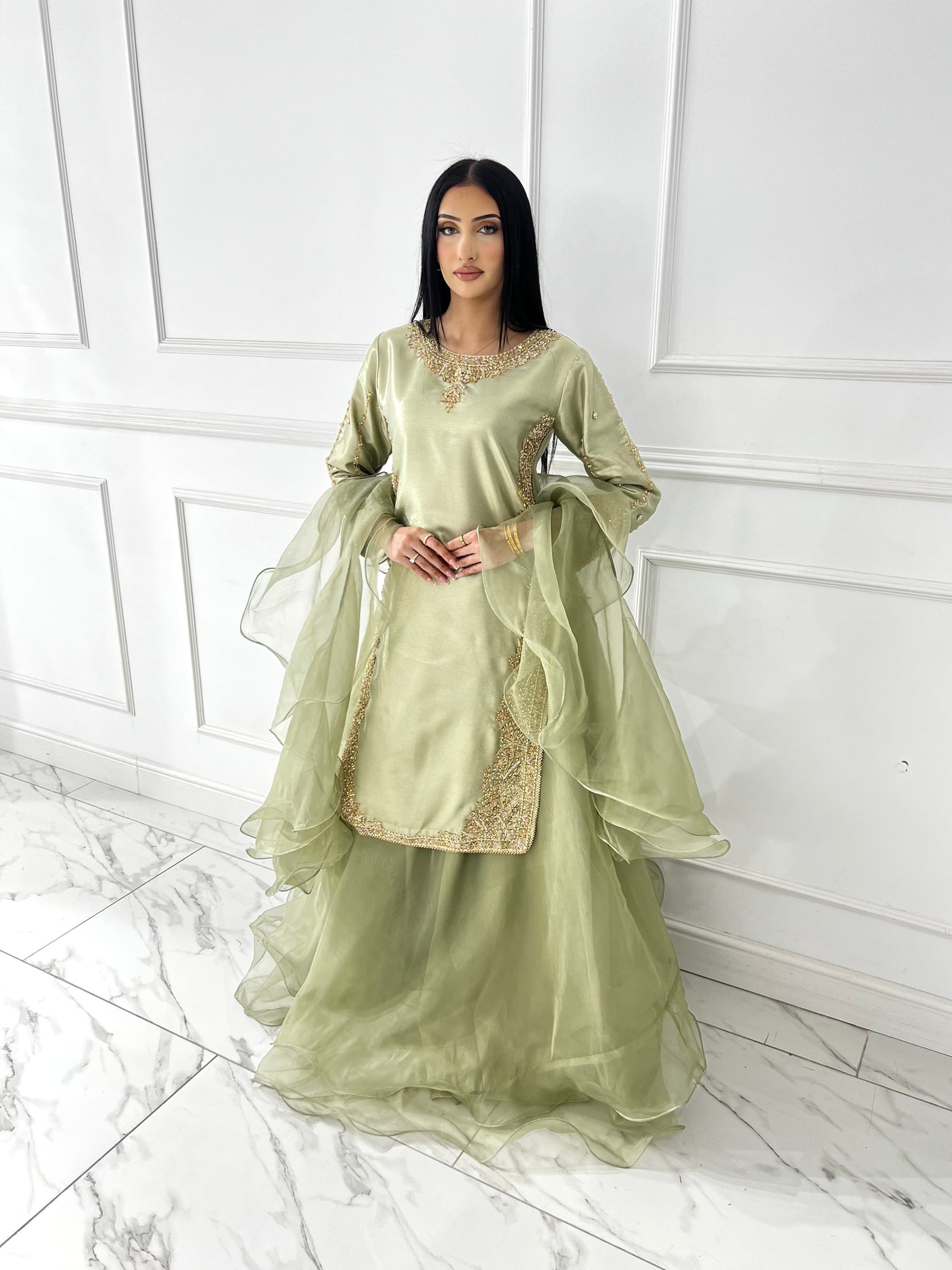 SRB1408 - Saiyaara - Sage Green Sehrish B Designer - Memsaab Online
