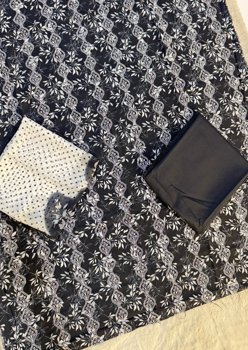 ATQ601 - Unstitched Black Cotton Suit - Memsaab Online