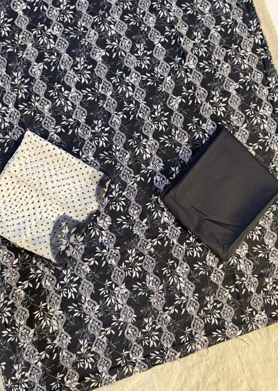 ATQ601 - Unstitched Black Cotton Suit - Memsaab Online