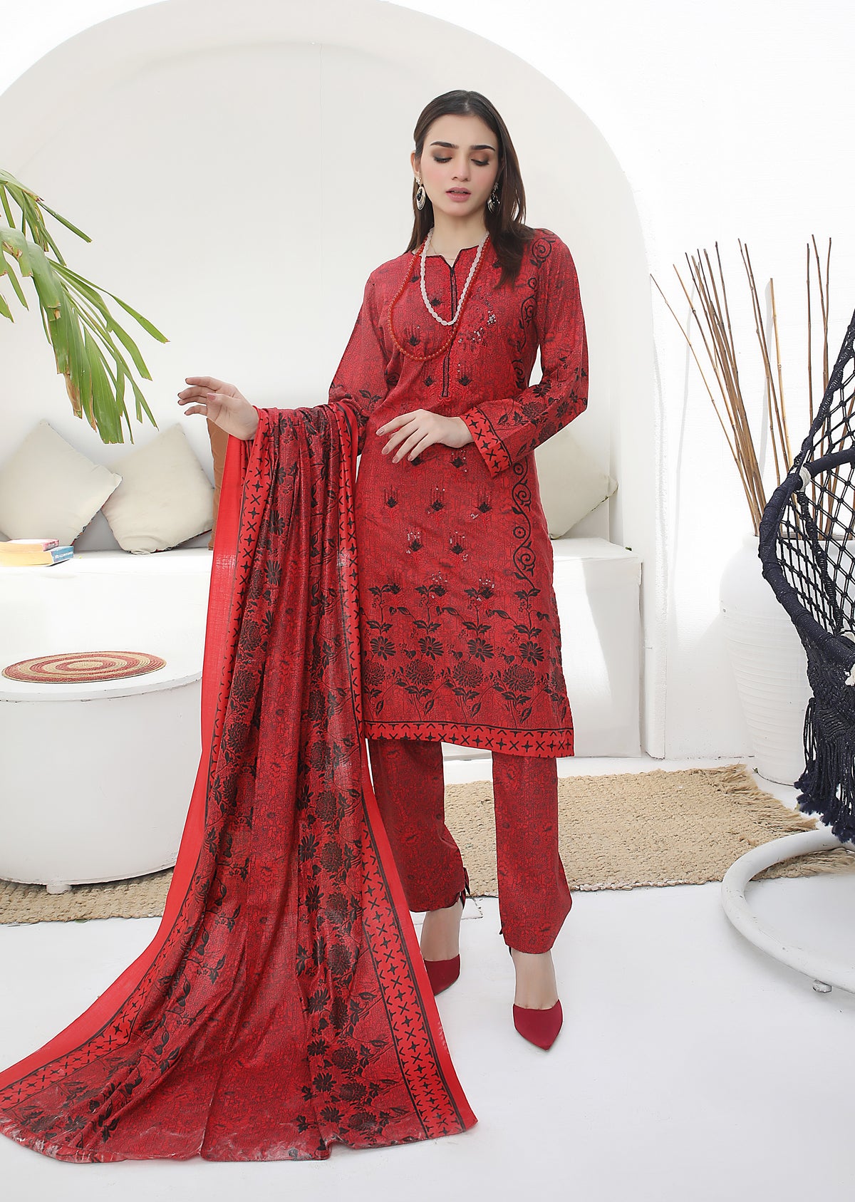AMT41004 Red Readymade Lawn Suit - Memsaab Online
