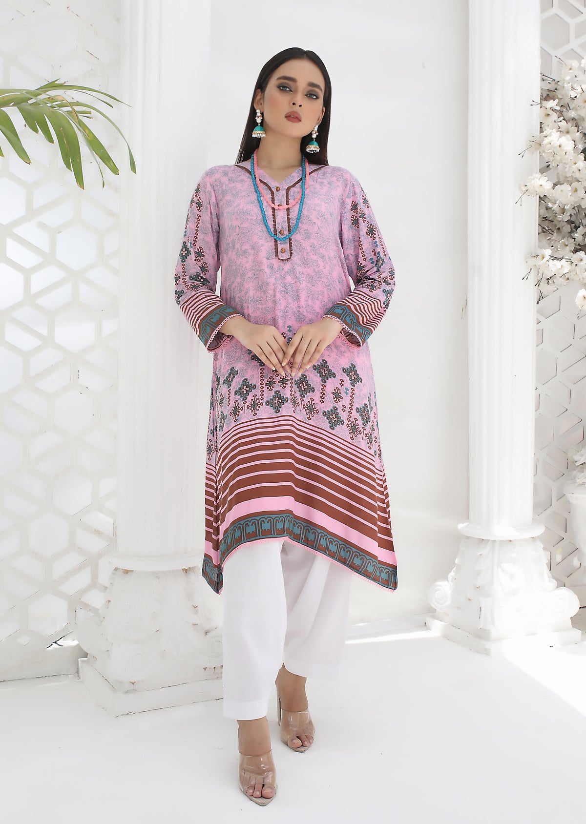 AMT42002 Saleha - Pink/Blue Lawn Kurti - Memsaab Online