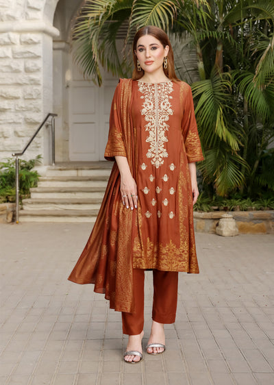 AMT5109 - Brown Readymade Linen Shawl Suit - Memsaab Online