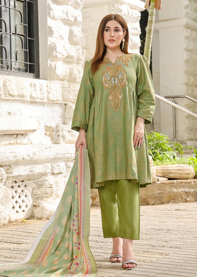 AMT5112 - Green Readymade Linen Shawl Suit - Memsaab Online