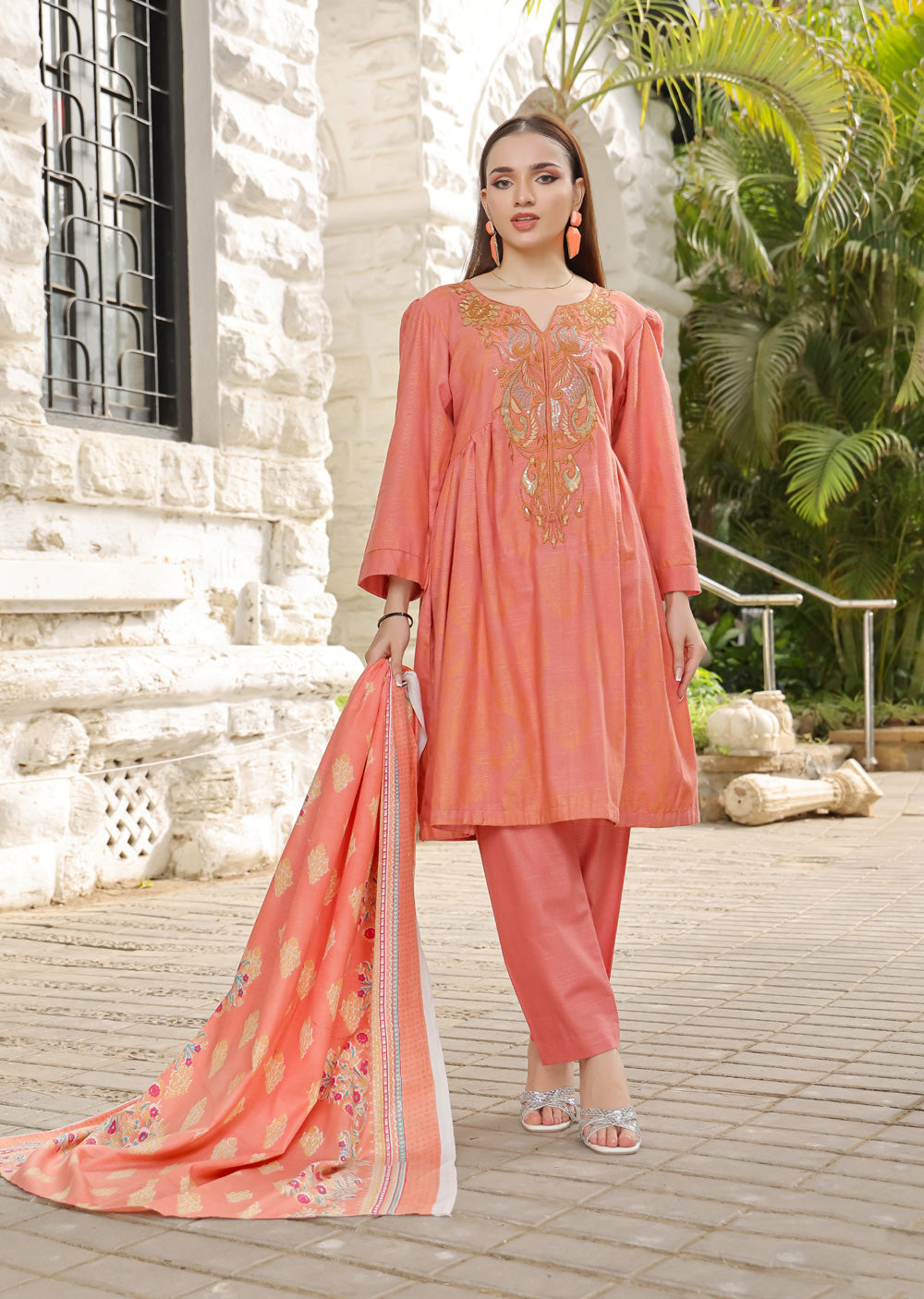 AMT5114 - Pink Readymade Linen Shawl Suit - Memsaab Online