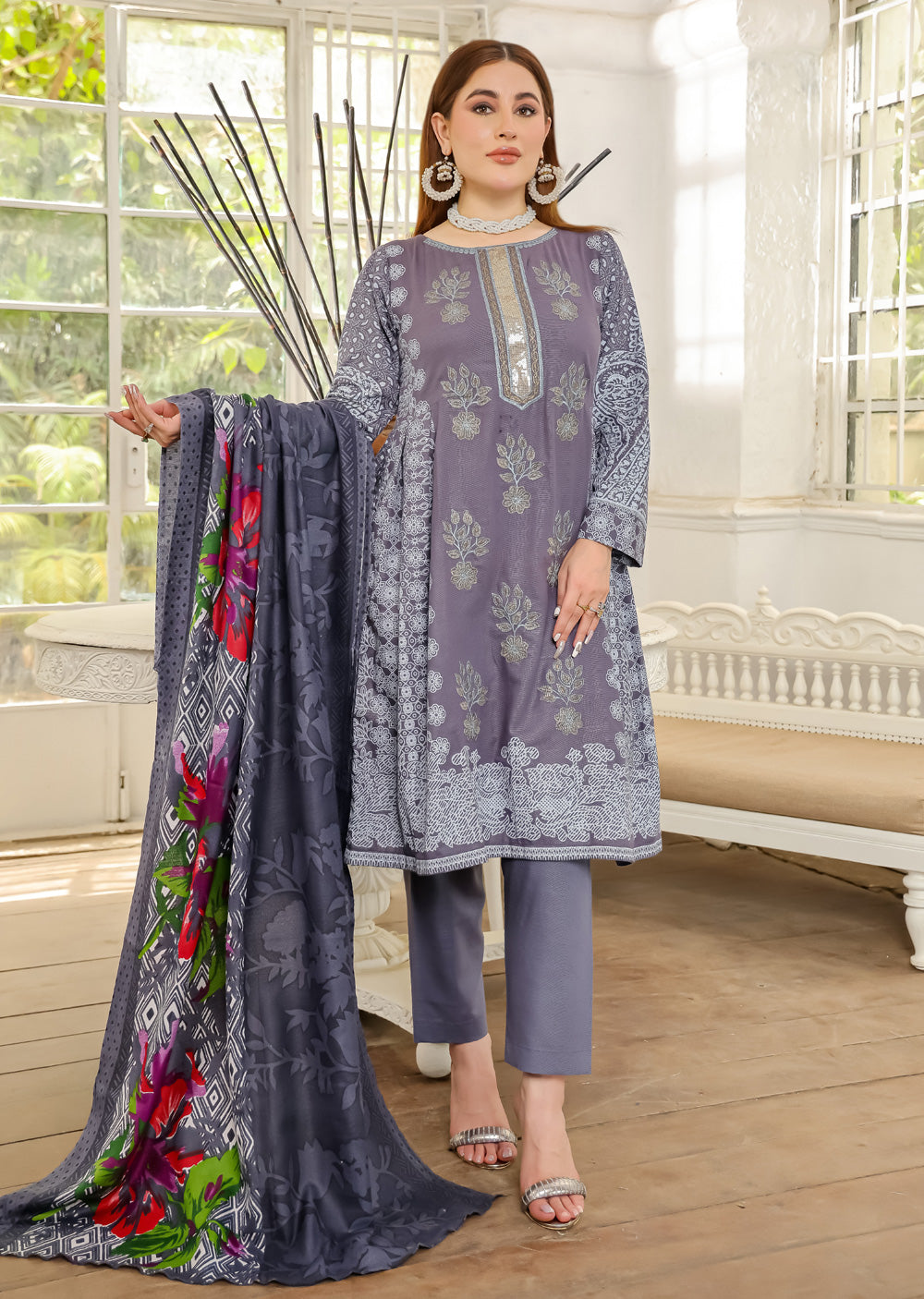 AMT5116 - Grey Readymade Linen Shawl Suit - Memsaab Online