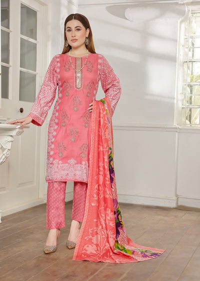 AMT5117 - Pink Readymade Linen Shawl Suit - Memsaab Online