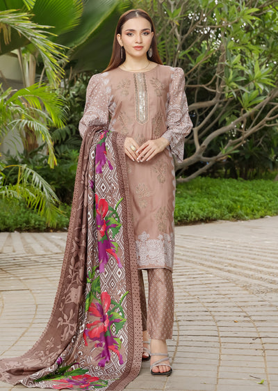 AMT5118 -Brown Readymade Linen Shawl Suit - Memsaab Online