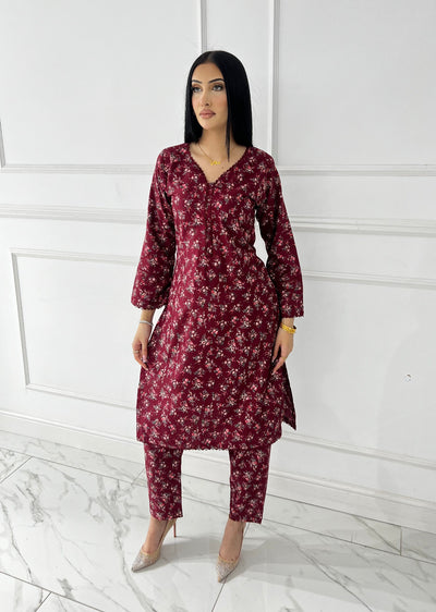 BUT-119- Maroon- S.Prints Printed Lawn Co-ords - Memsaab Online