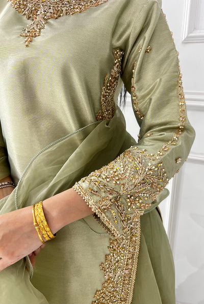 SRB1408 - Saiyaara - Sage Green Sehrish B Designer - Memsaab Online