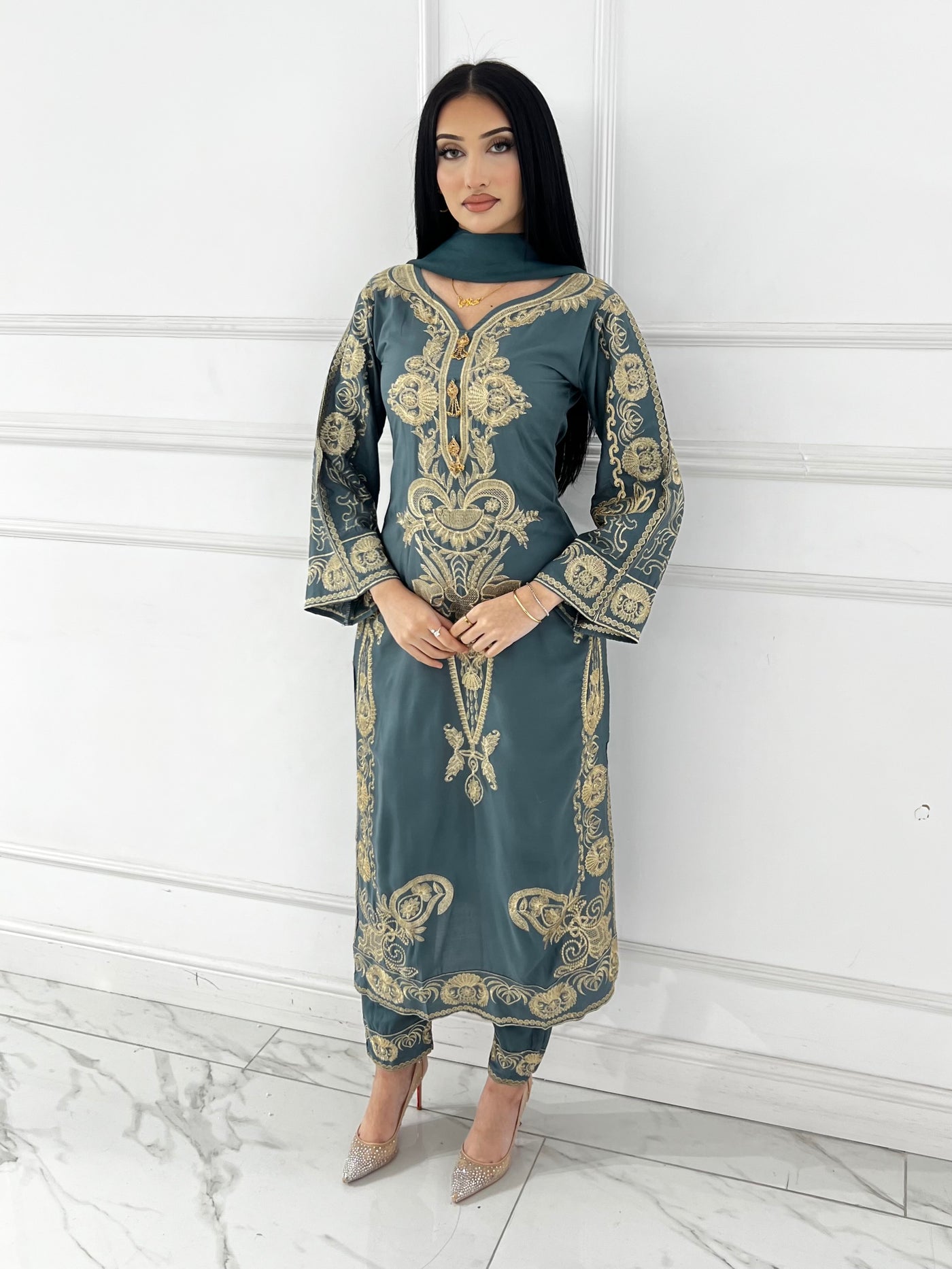 HK273 Riya - Grey Linen Oufit - Memsaab Online