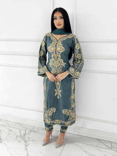 HK273 Riya - Grey Linen Oufit - Memsaab Online