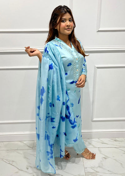 RGZ3002 Readymade Blue Hania Silk Outfit - Memsaab Online