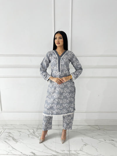 BUT-122- Grey - S.Prints Printed Lawn Co-ords - Memsaab Online